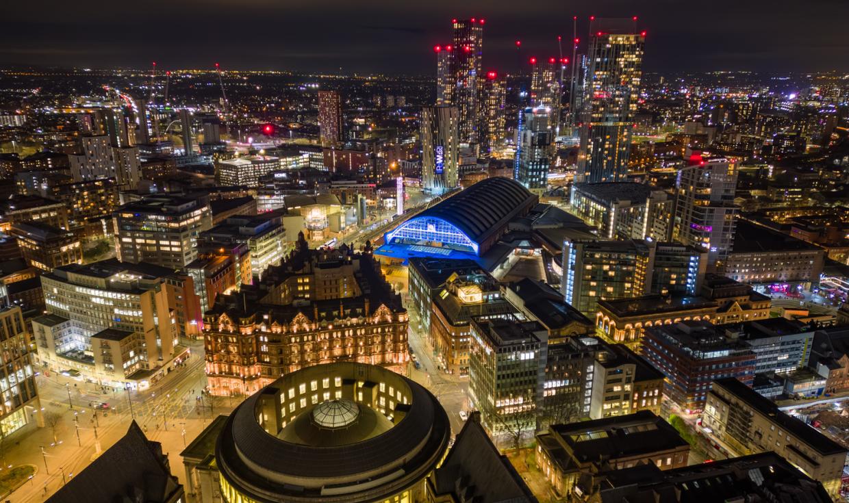 Night time city drone shot (Andy Mallins)